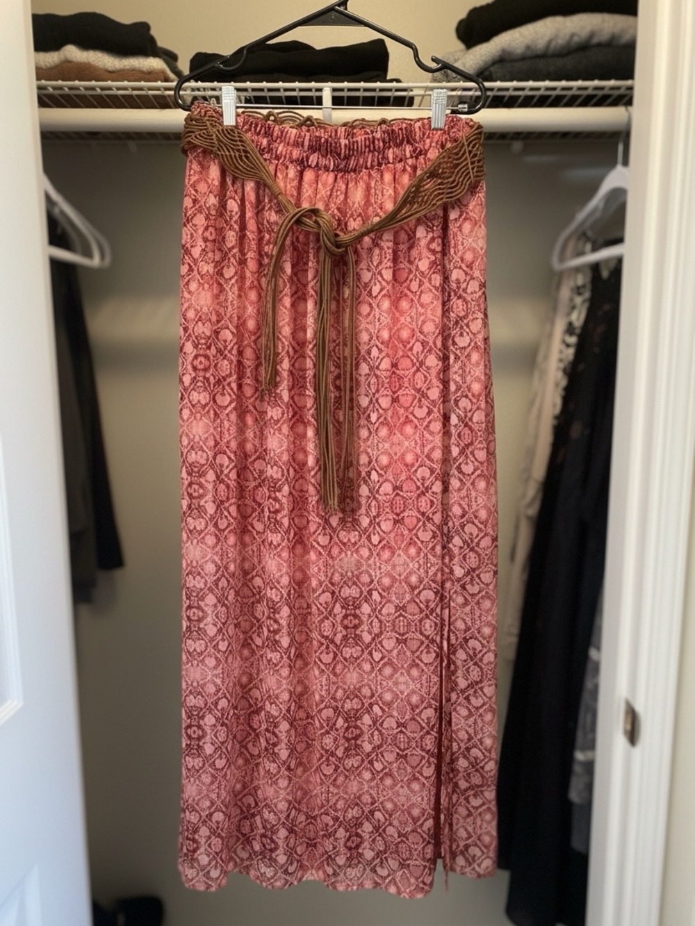 Rose-Pink Printed Maxi Skirt with Braided Brown Rope Belt Boho